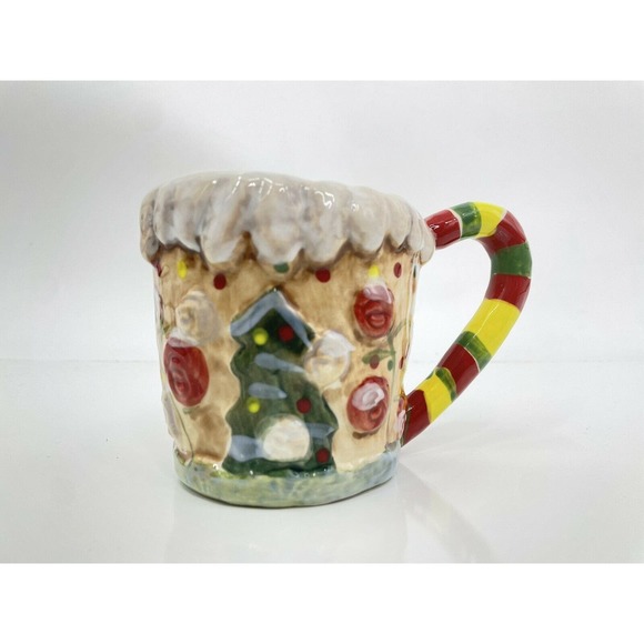 Anthropologie Nathalie Lete Gingerbread Christmas Mug Coffee Tea Cup painted - Picture 1 of 7